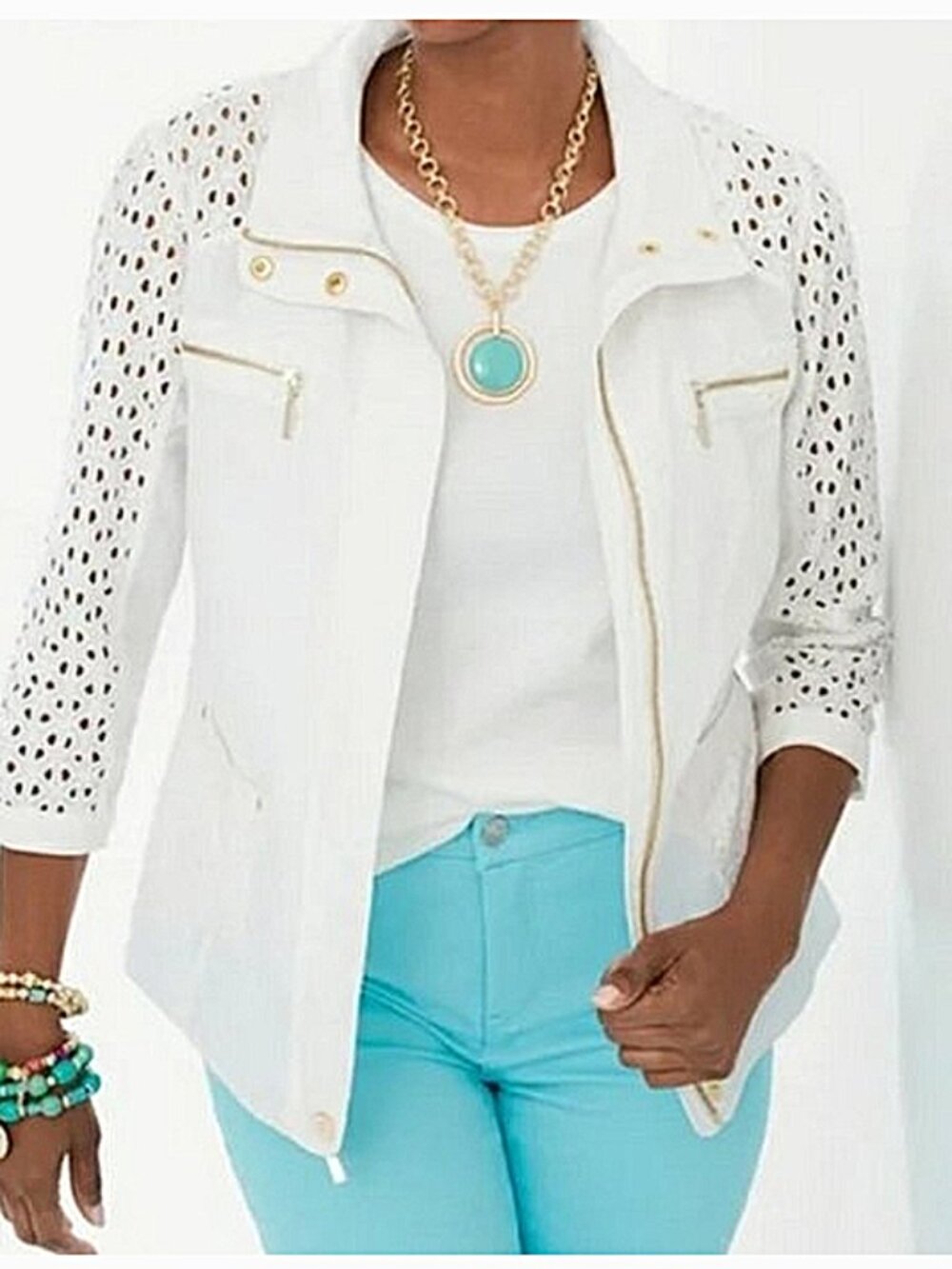 Chico's alabaster Linen Eyelet 3/4 Sleeve Jacket size 1